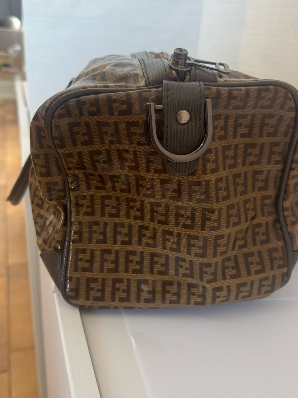 SOLD: Authentic Fendi Zucca Boston Bag Purse Brown FF Monogram Canvas Duffle - Picture 7 of 15
